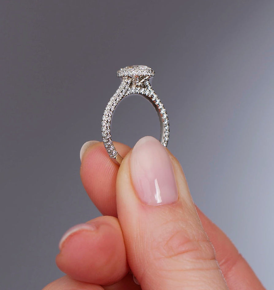 1ct Oval 2D Halo & 3D Band Lab Grown Diamond Engagement Rings.
