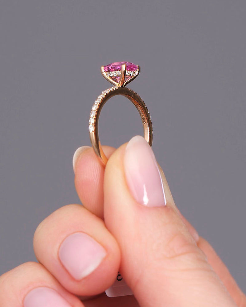 1.50ct Pink Sapphire Hidden Halo Lab Grown Diamond Engagement Rings.