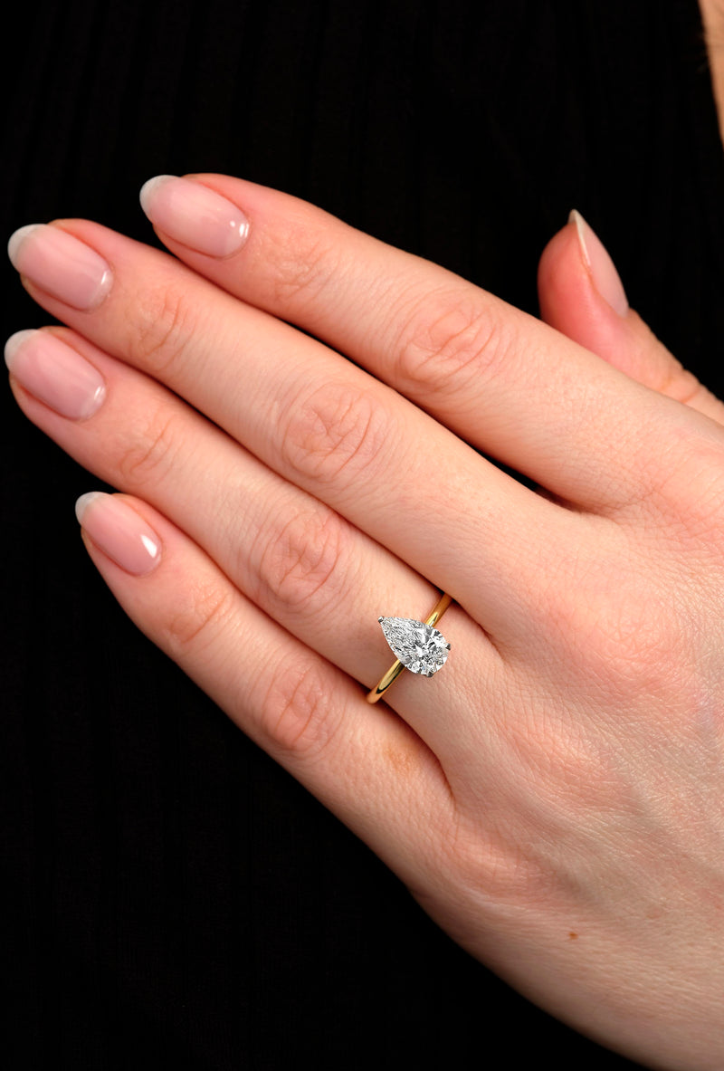 2ct Pear Solitaire Hidden Halo Lab Grown Diamond Engagement Rings.