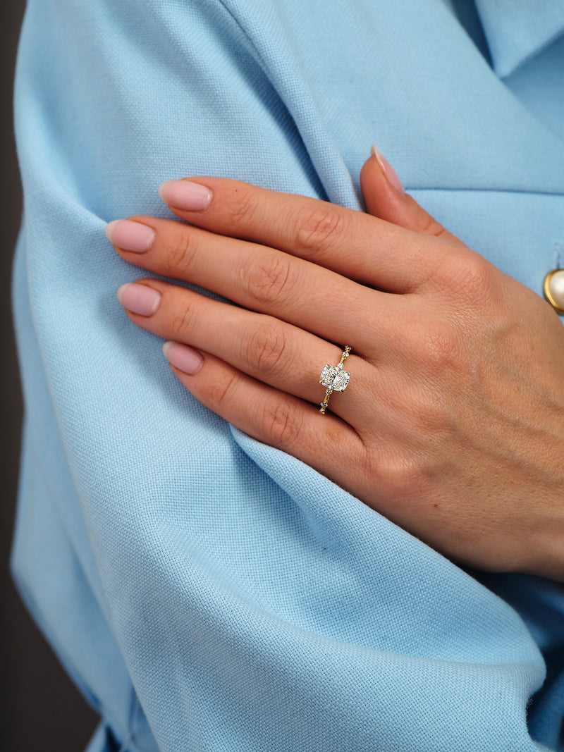 1.80ct Elongated Cushion Bubble lab grown diamond engagement rings.