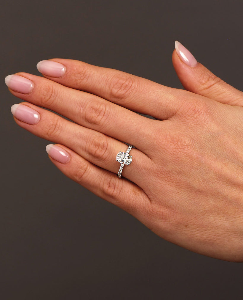1.50ct Oval Hidden Halo Shoulders lab grown diamond engagement rings