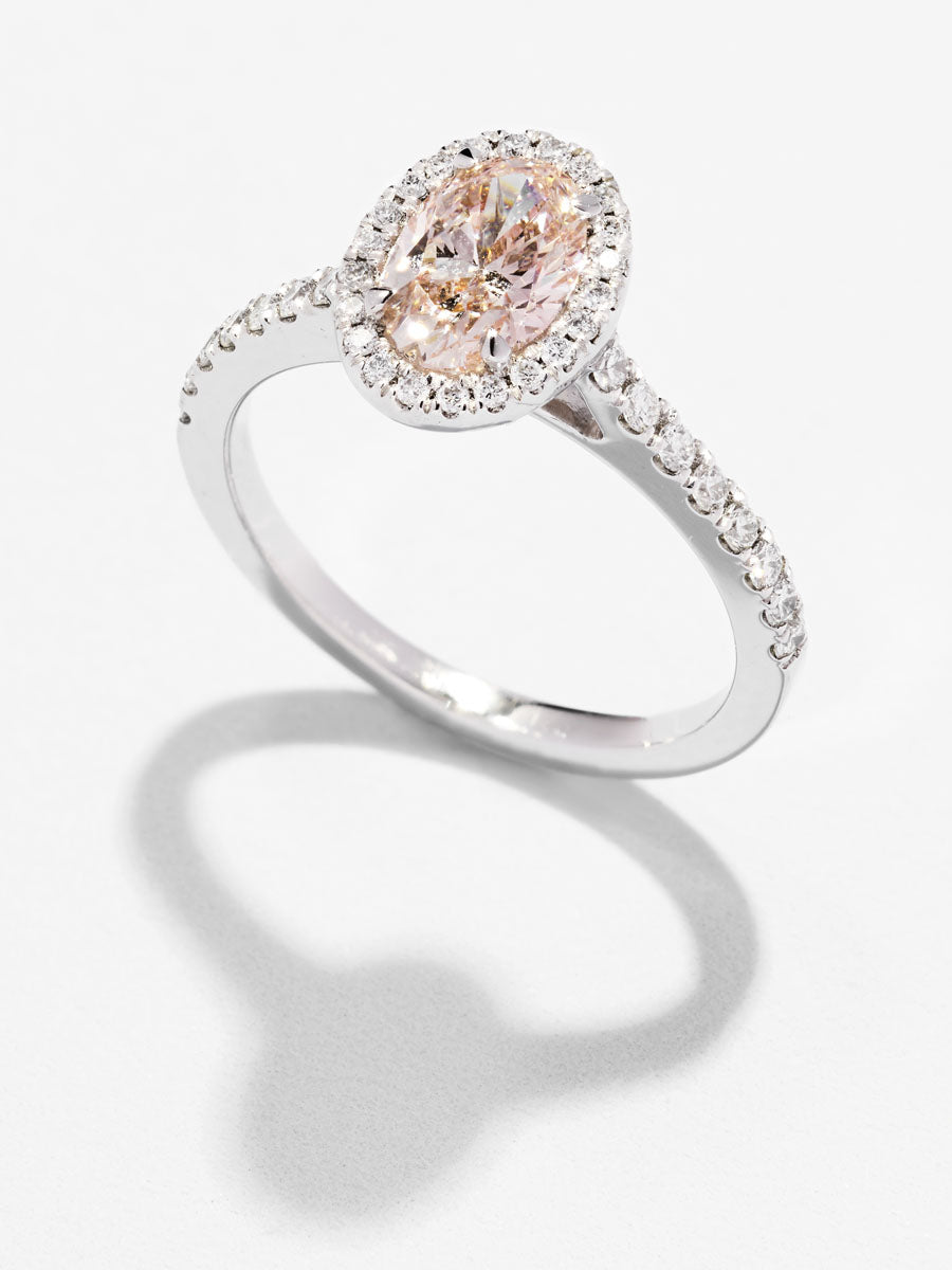 1ct Pink Oval Seamless Halo Lab Grown Diamond Engagement Rings.