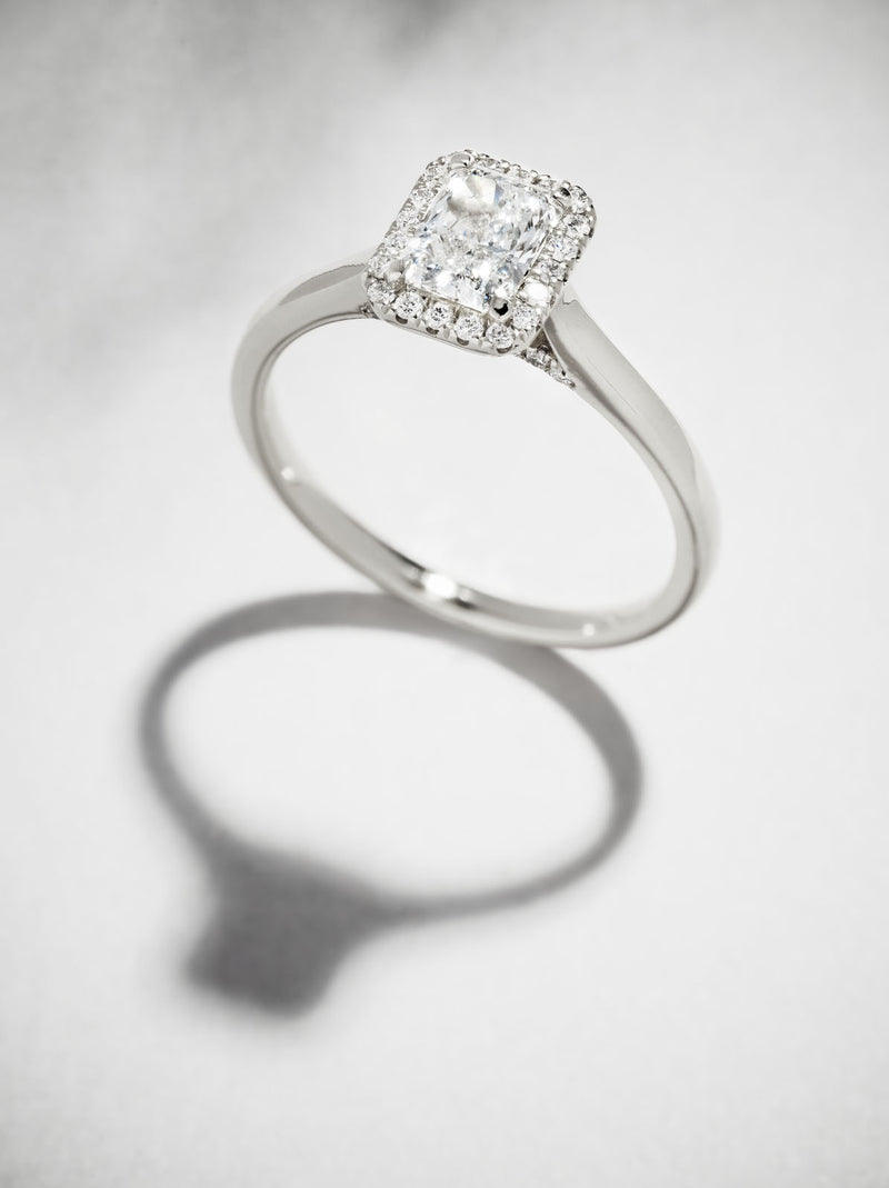 0.70ct Radiant Seamless Halo Cathedral Diamond Engagement Rings.