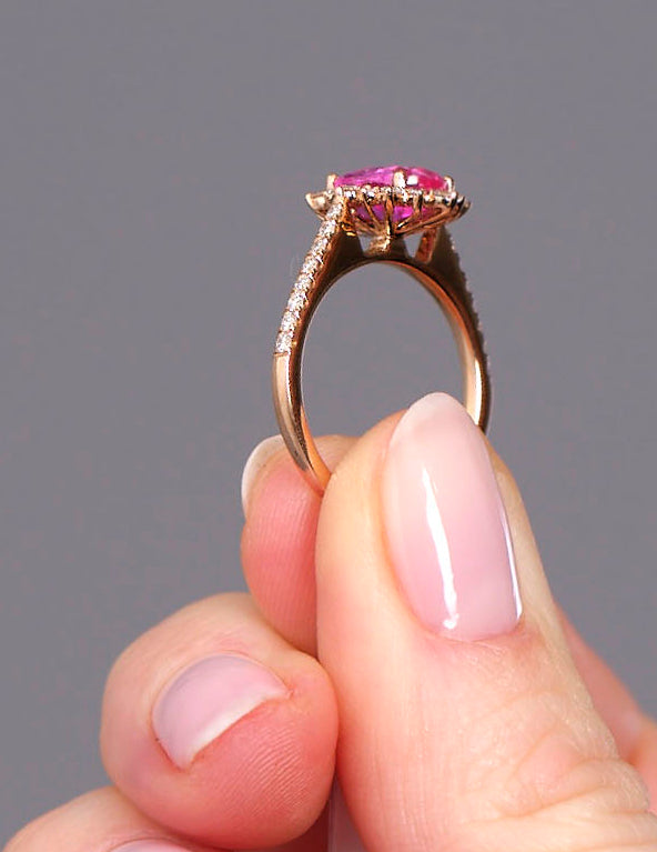 2ct Pink Sapphire Halo Lab Grown Diamond Engagement Rings.