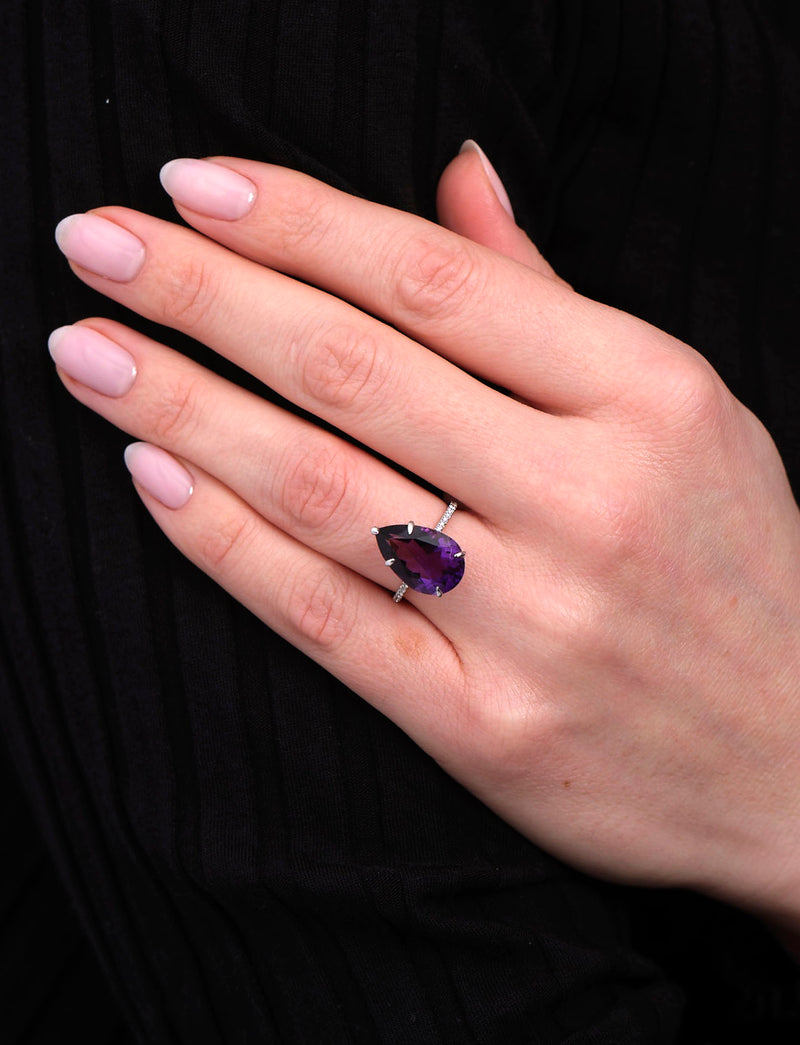 5ct Amethyst Pear Invisible Halo Lab Grown Diamond Engagement Rings.