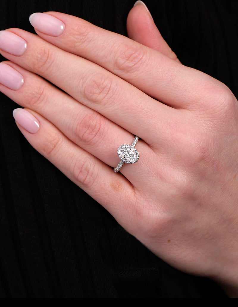 1ct Oval 2D Halo & 3D Band Lab Grown Diamond Engagement Rings.