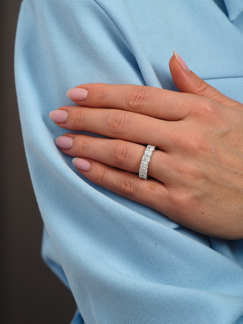 Close-up detail of the high-carat radiant cut diamonds on this luxury engagement rings for women style.