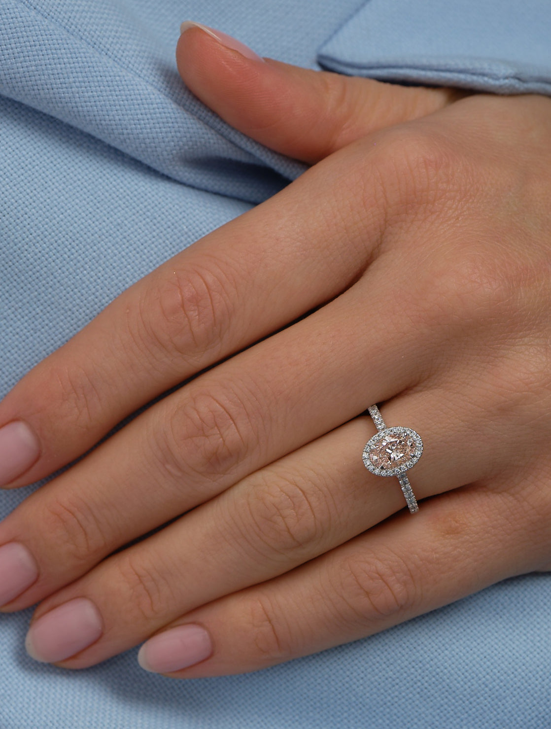 1ct Pink Oval Seamless Halo Lab Grown Diamond Engagement Rings.