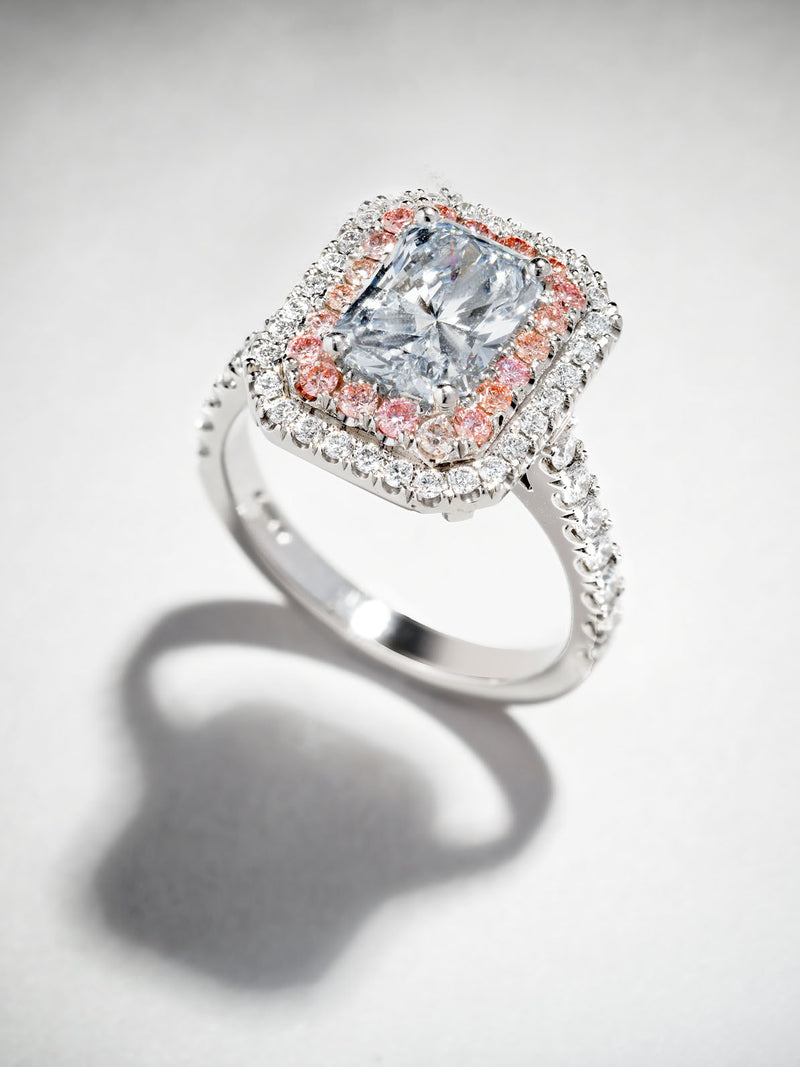 2ct Blue Radiant Seamless Double Halo Diamond Engagement Rings.