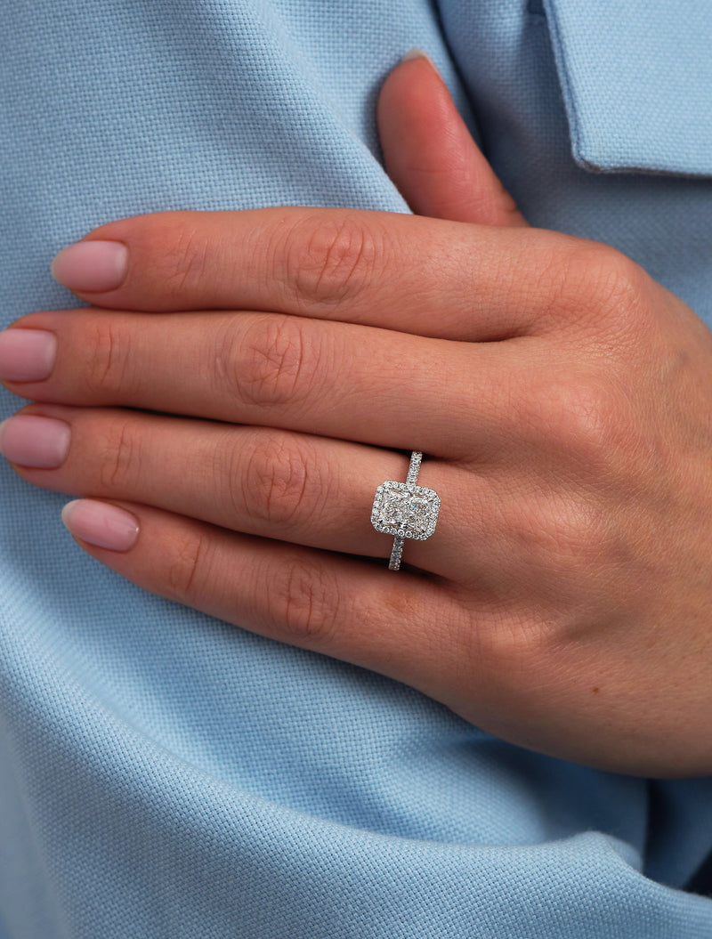 1.50ct Radiant Seamless Halo lab grown Diamond Engagement Rings.
