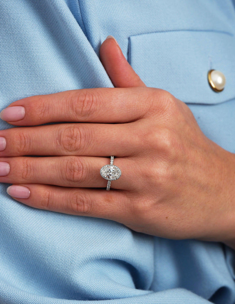2ct Oval Seamless 2D Halo Lab Grown Diamond Engagement Rings in London.