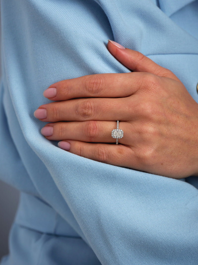 0.70ct Radiant Seamless Halo lab grown Diamond Engagement Rings.