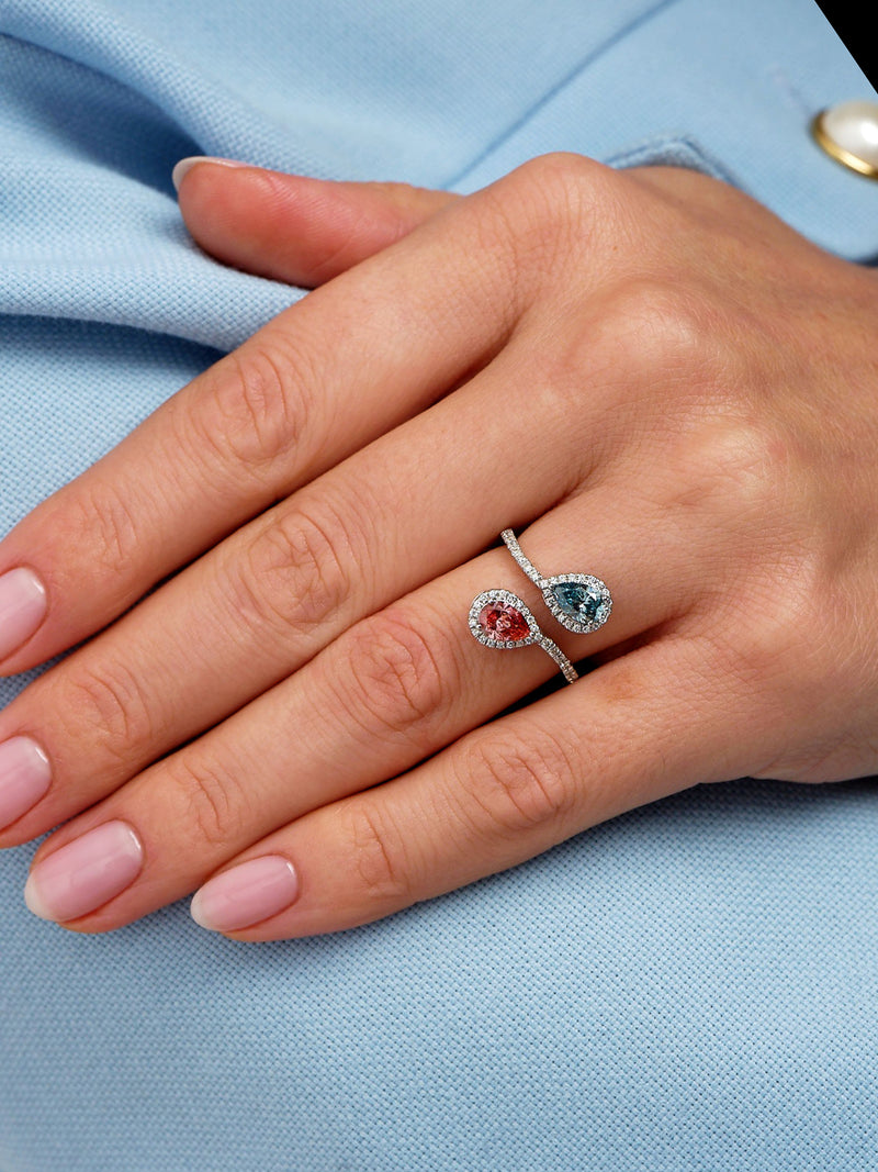 Pink Blue 2 Pear Lab Grown Diamond Engagement Rings in London.