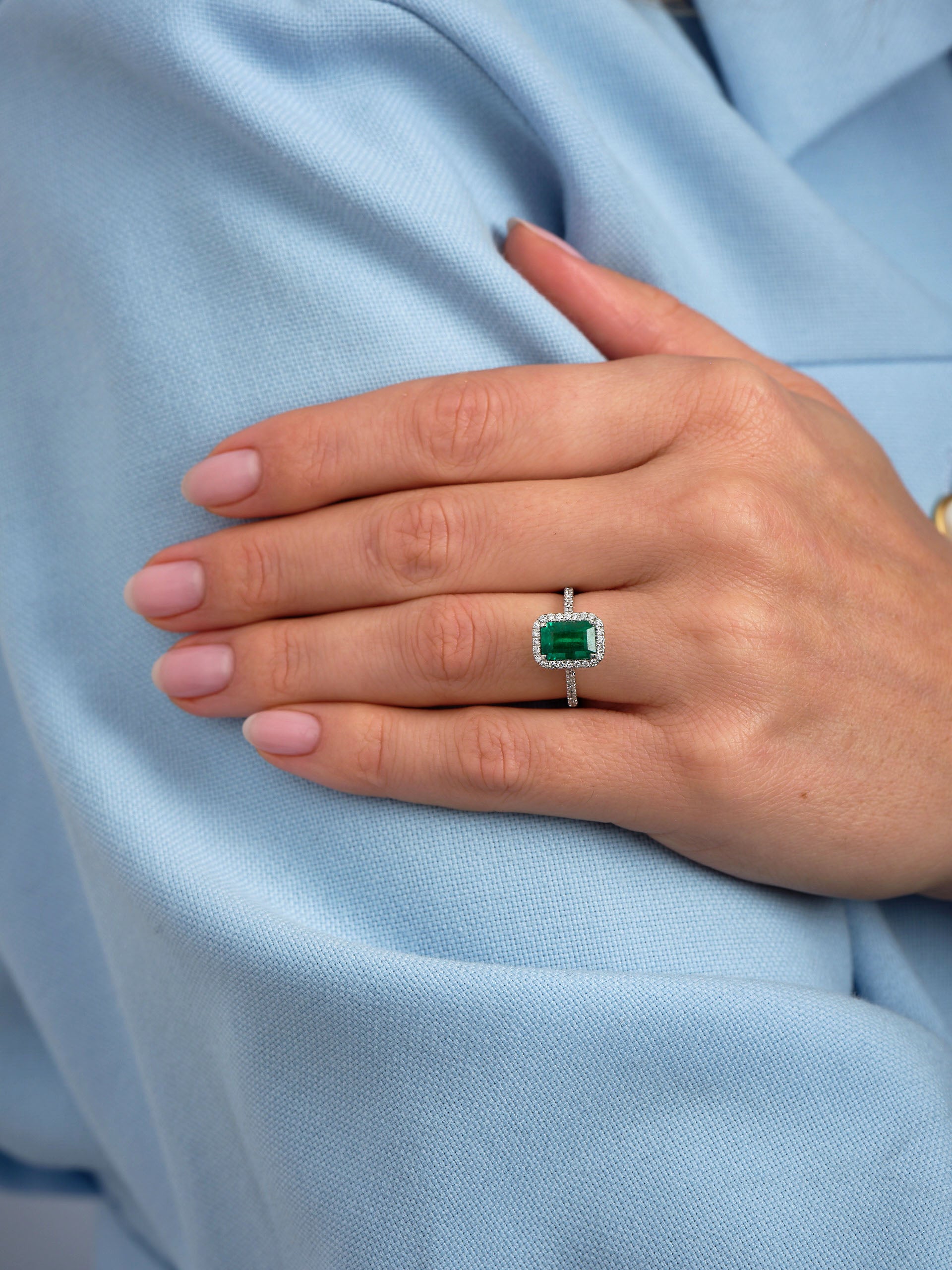 1.90ct Green Emerald Seamless Halo Lab Grown Diamond Engagement Rings.