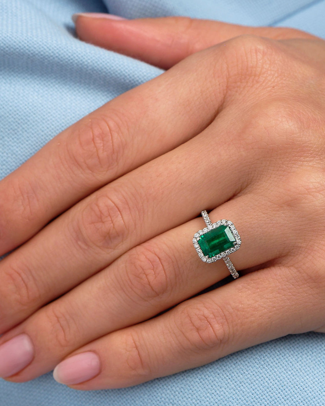 1.90ct Green Emerald Seamless Halo Lab Grown Diamond Engagement Rings.