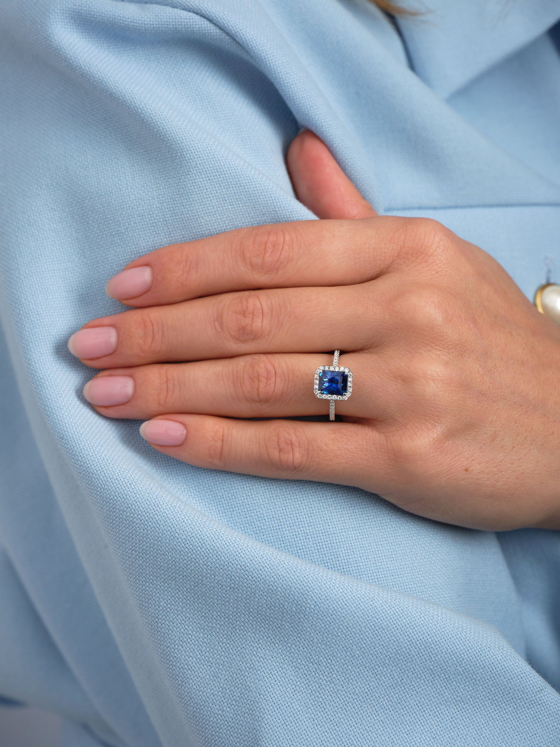 2ct Blue Sapphire Seamless Halo Lab Grown Diamond Engagement Rings.