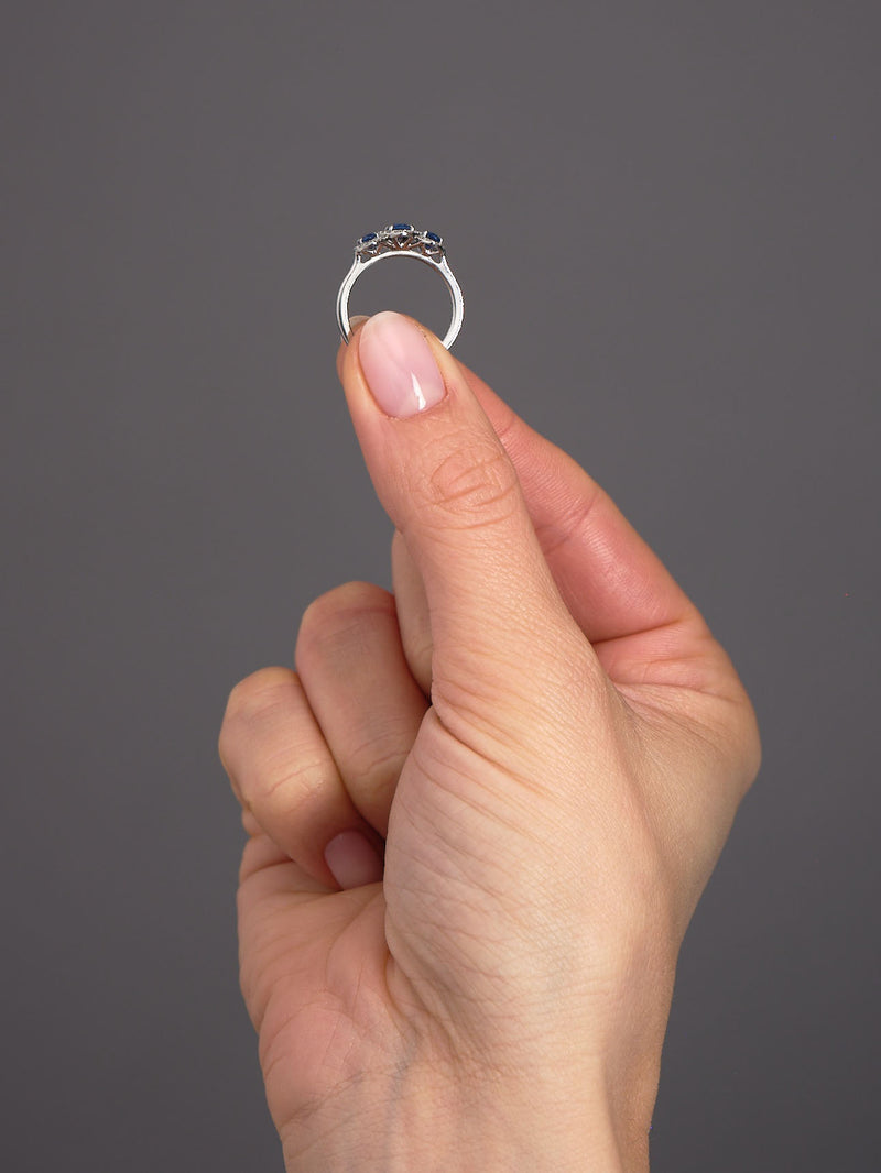 Oval Sapphire Trilogy Lab Grown Diamond Engagement Rings.