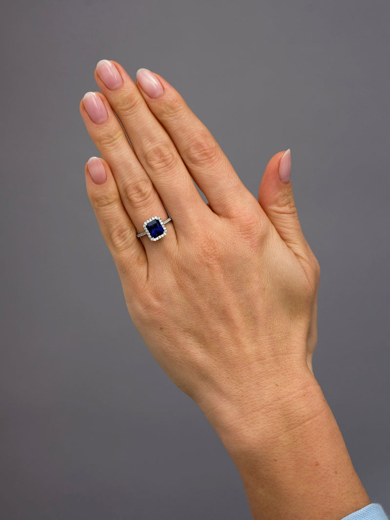 2ct Blue Sapphire Seamless Halo Lab Grown Diamond Engagement Rings.