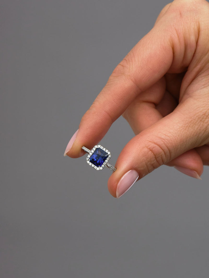 2ct Blue Sapphire Seamless Halo Lab Grown Diamond Engagement Rings.