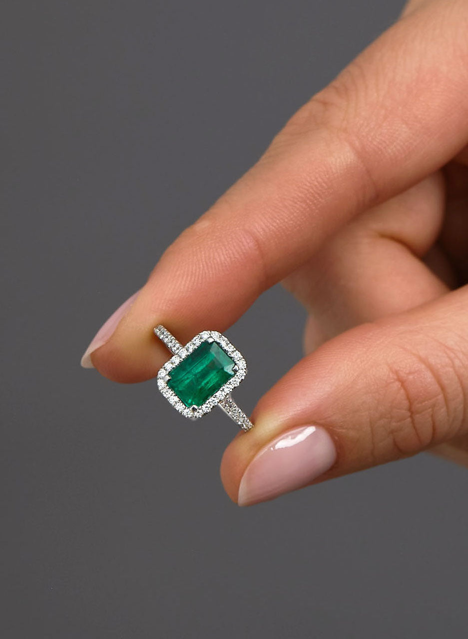 1.90ct Green Emerald Seamless Halo Lab Grown Diamond Engagement Rings.