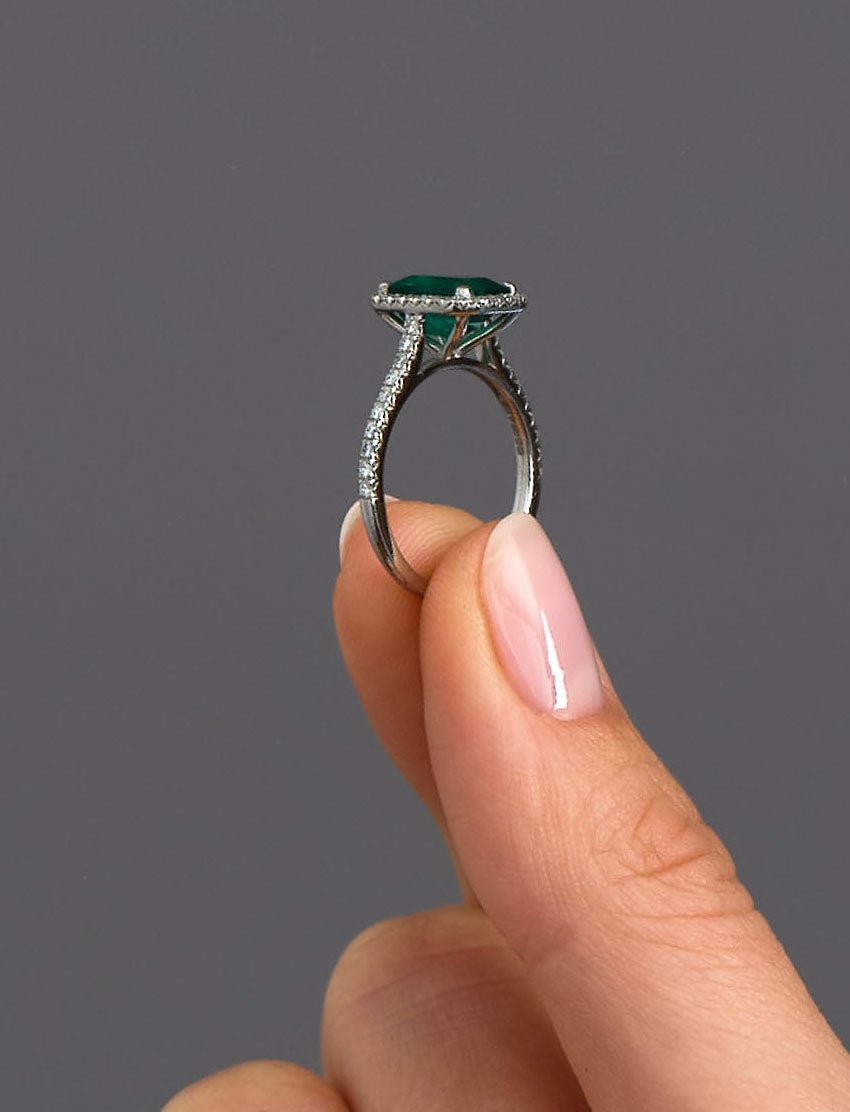 1.90ct Green Emerald Seamless Halo Lab Grown Diamond Engagement Rings.