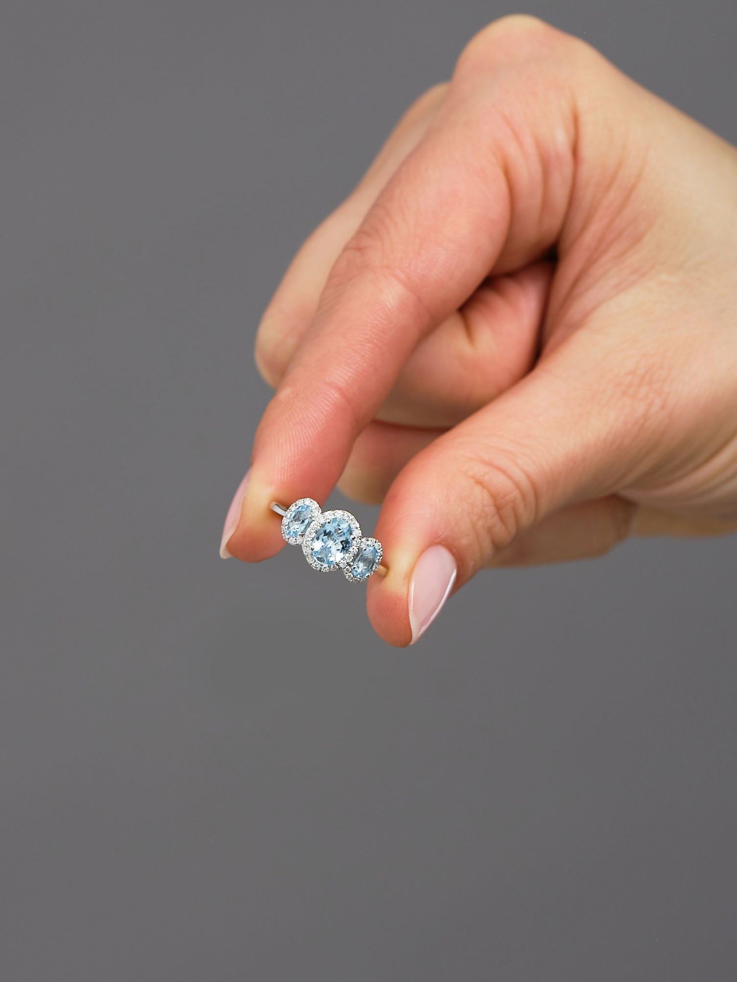 Oval Aquamarine Trilogy Lab Grown Diamond Engagement Rings.