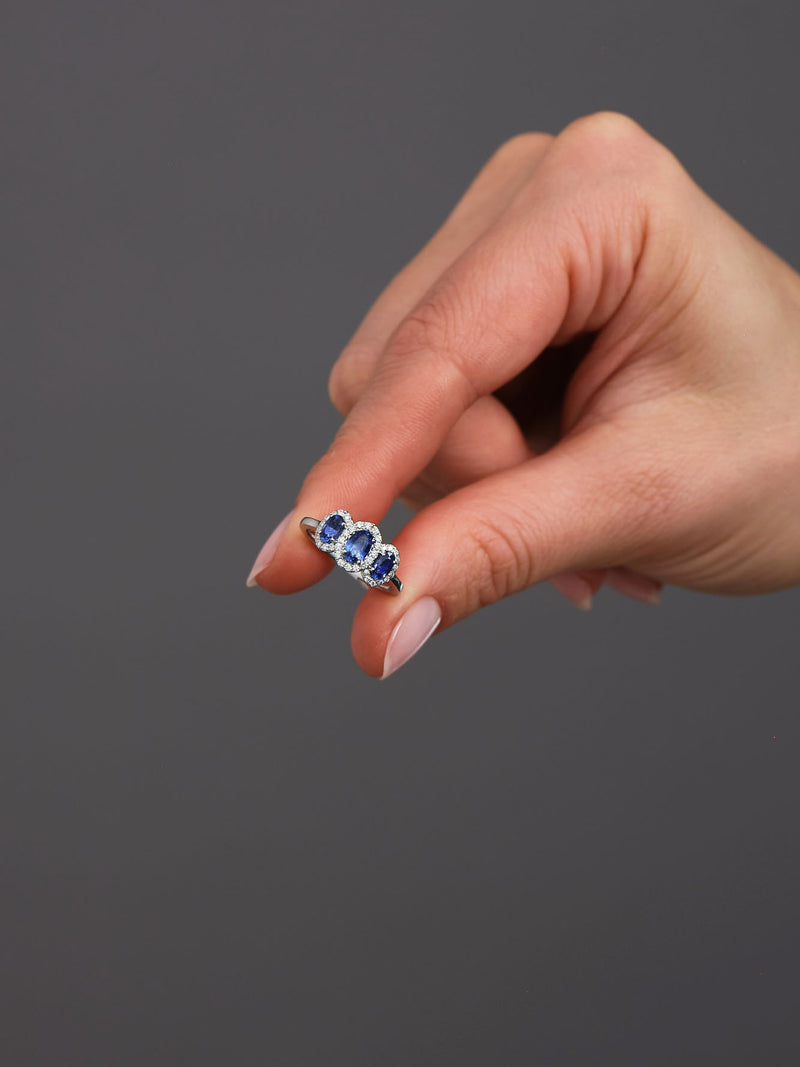 Oval Sapphire Trilogy Lab Grown Diamond Engagement Rings.
