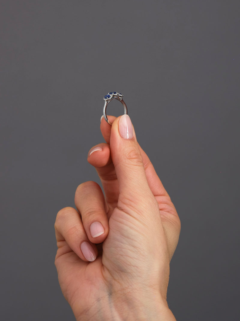 Oval Sapphire Trilogy Lab Grown Diamond Engagement Rings.