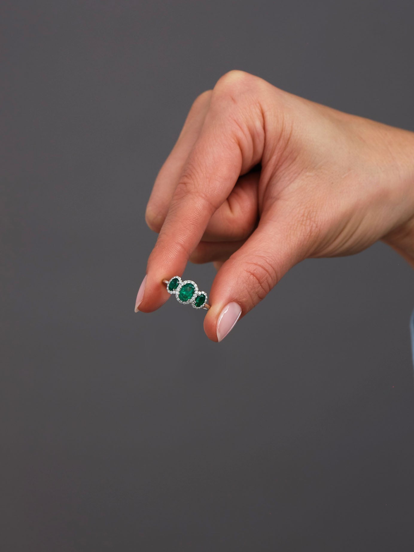 Oval Emerald Trilogy Lab Grown Diamond Engagement Rings