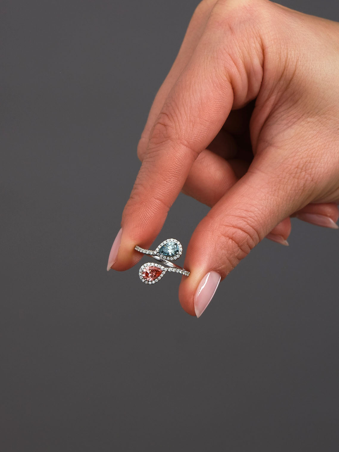 Pink Blue 2 Pear Lab Grown Diamond Engagement Rings in London.