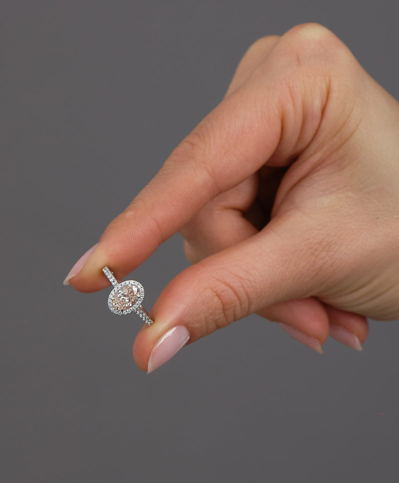 1ct Pink Oval Seamless Halo Lab Grown Diamond Engagement Rings.