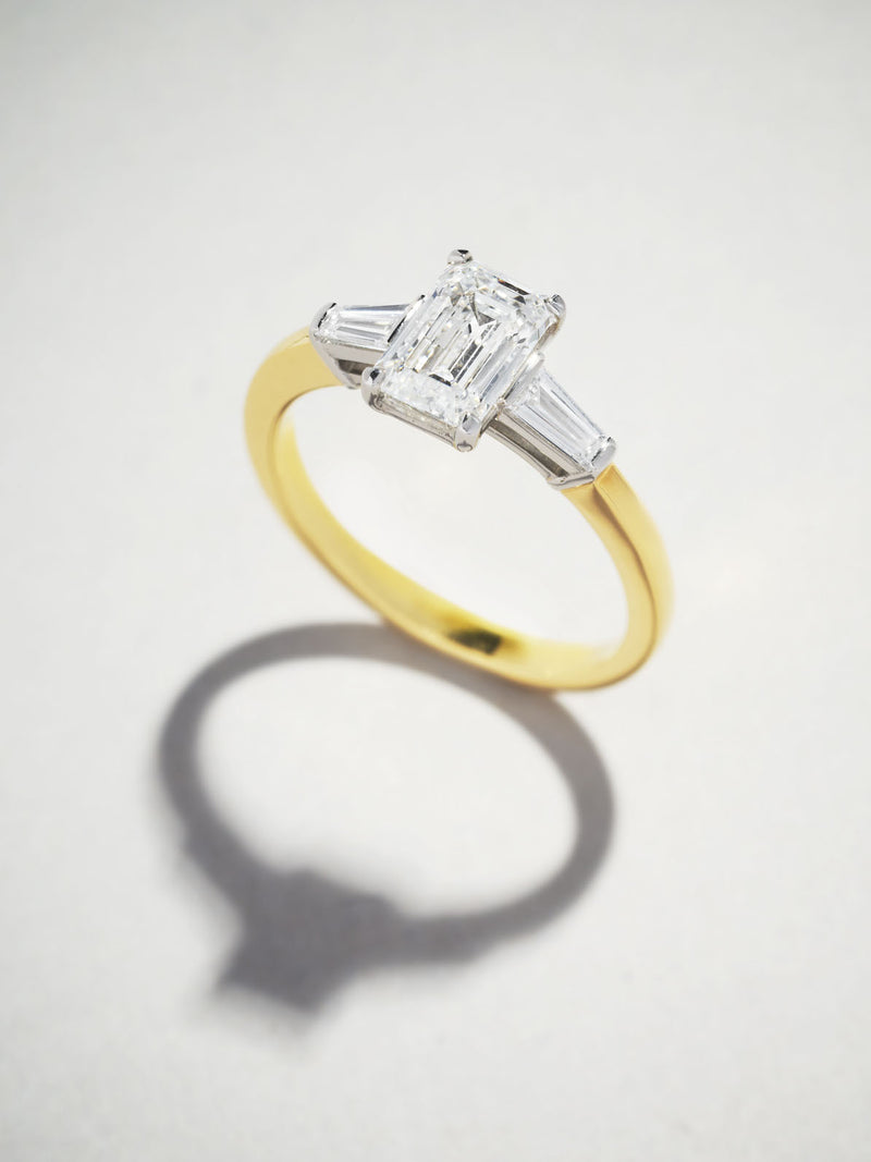 1.20ct Emerald & Tapered Baguettes Trilog Diamond Engagement Rings.