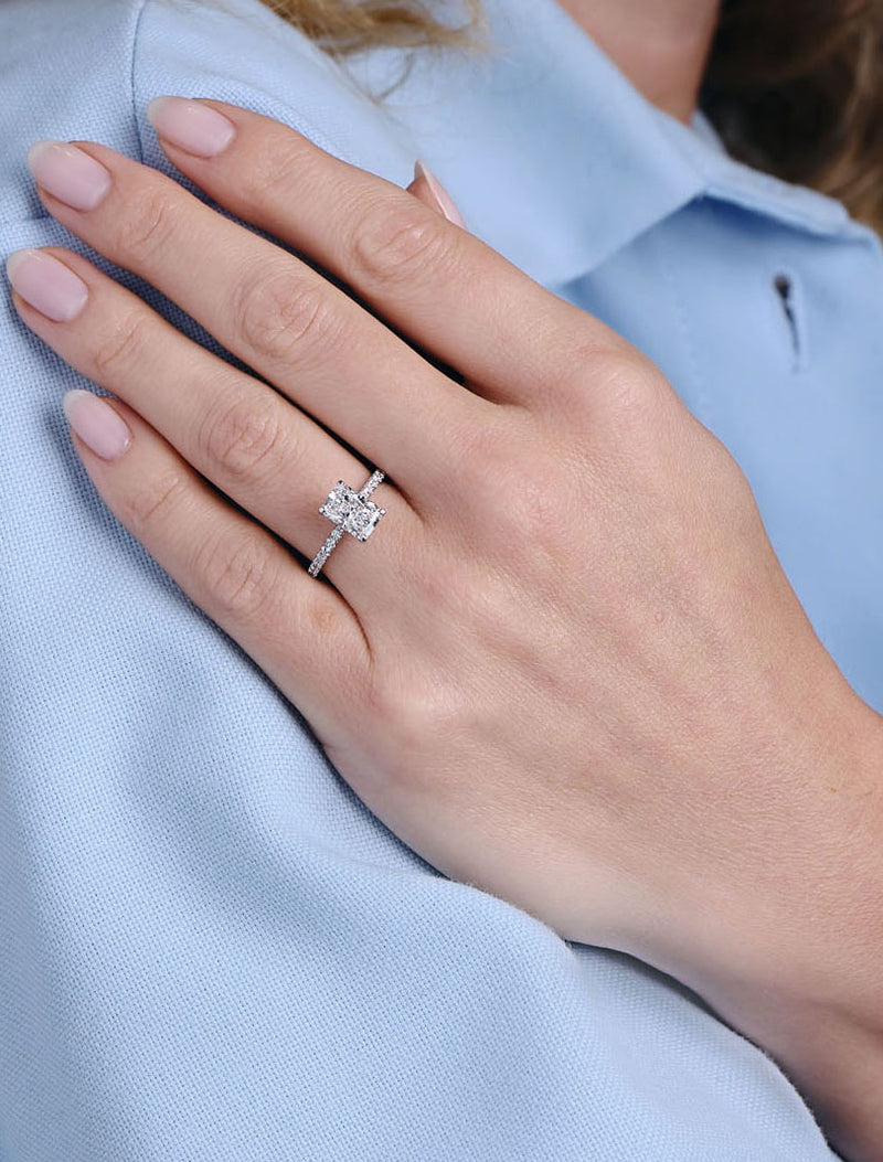 1.80ct Radiant Hidden Halo lab grown Diamond Engagement Rings.