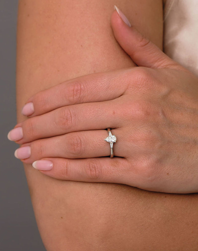 0.50ct Pear with tapered baguettes Lab Grown Diamond Engagement Rings.