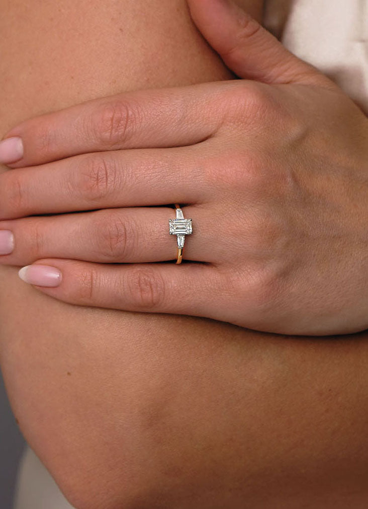1.20ct Emerald & Tapered Baguettes Trilog Diamond Engagement Rings.