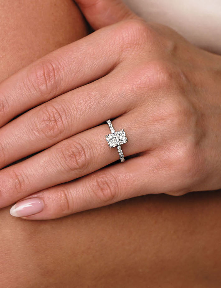 2ct Radiant Twin Hidden Halo lab grown Diamond Engagement Rings.