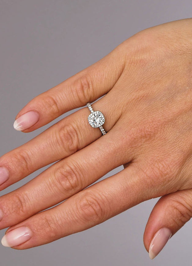 1ct Cushion 2D Halo Lab Grown Diamond Engagement Rings in London.