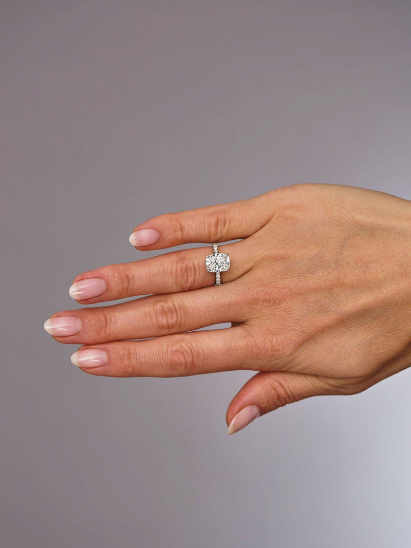 3.80ct Elongated Cushion Hidden Halo Lab Grown Diamond Engagement Rings.