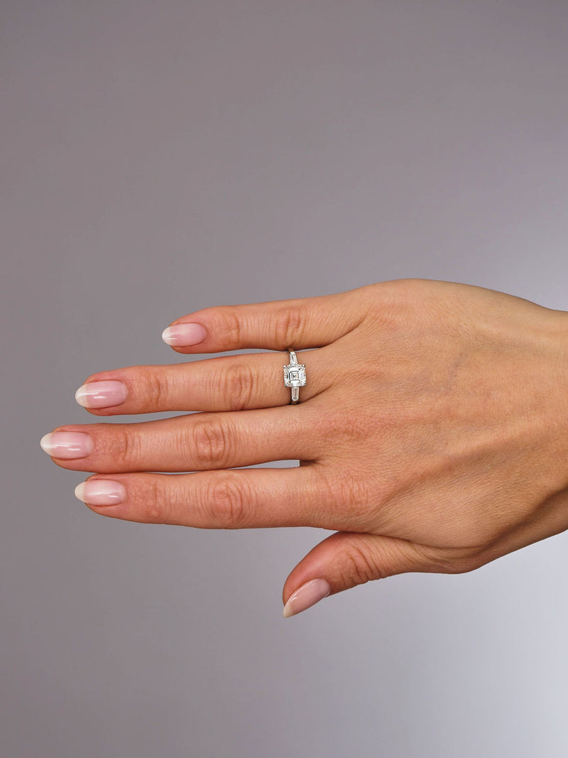 2ct Asscher & Tapered Baguettes Trilogy Diamond Engagement Rings.