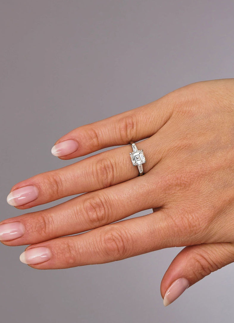 2ct Asscher & Tapered Baguettes Trilogy Diamond Engagement Rings.