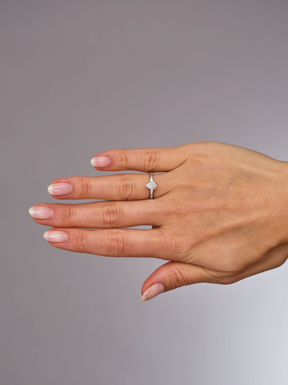 0.50ct Pear with tapered baguettes Lab Grown Diamond Engagement Rings.