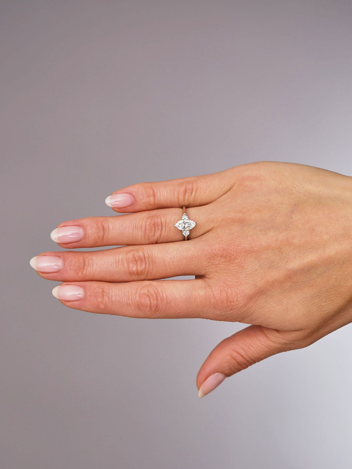 1.30ct Marquise & Heart Trilogy lab grown diamond engagement rings.
