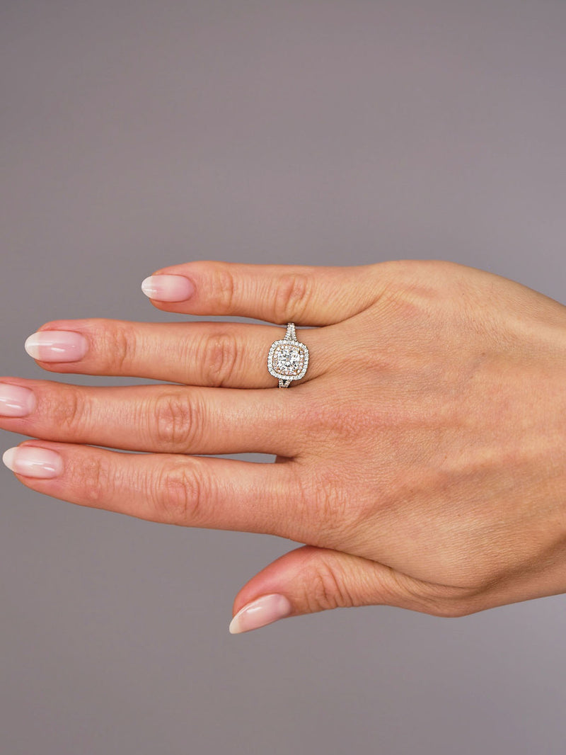 1ct Cushion Seamless Double Halo Lab Grown Diamond Engagement Rings.