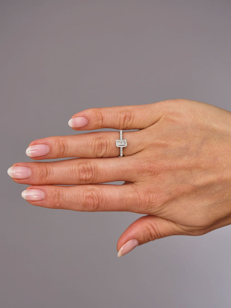 1.30ct Emerald Pave Shoulders lab grown diamond engagement rings.