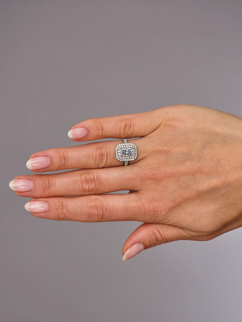 2ct Blue Radiant Seamless Double Halo Diamond Engagement Rings.