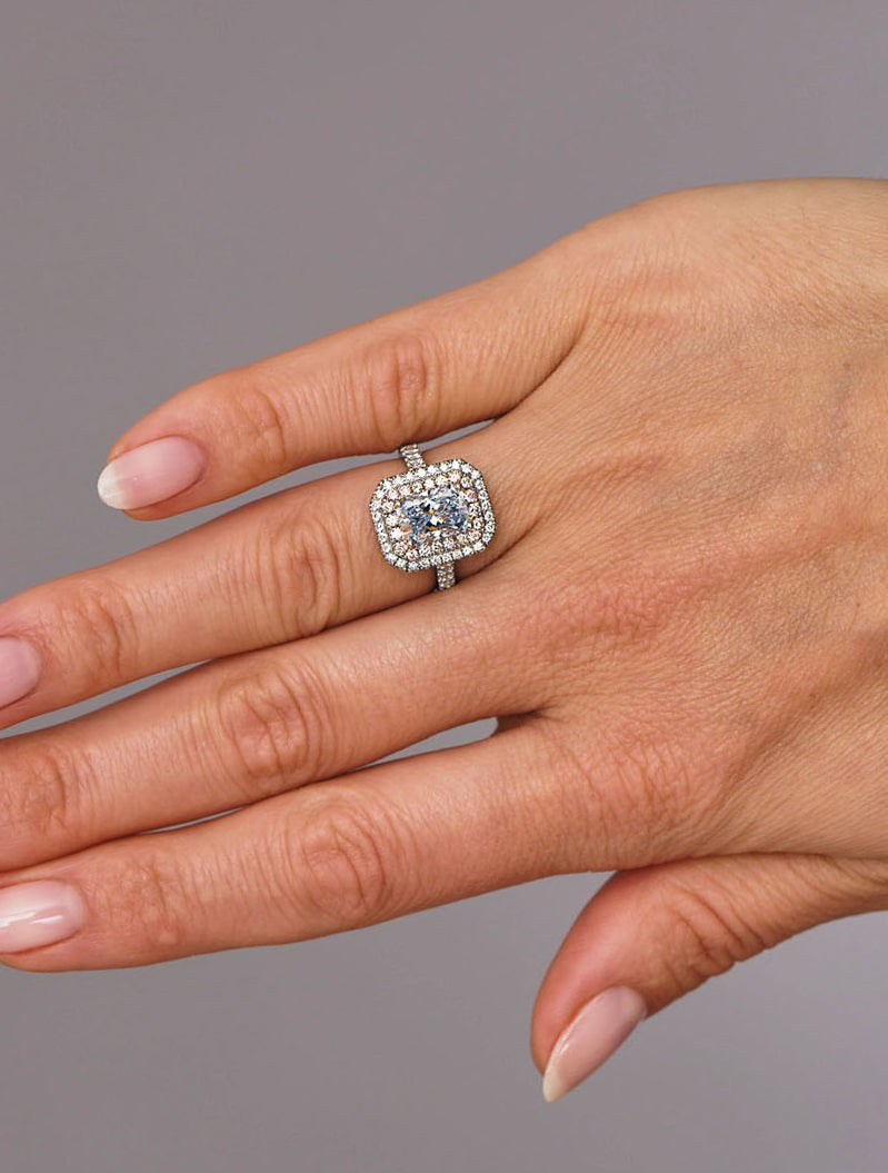 2ct Blue Radiant Seamless Double Halo Diamond Engagement Rings.