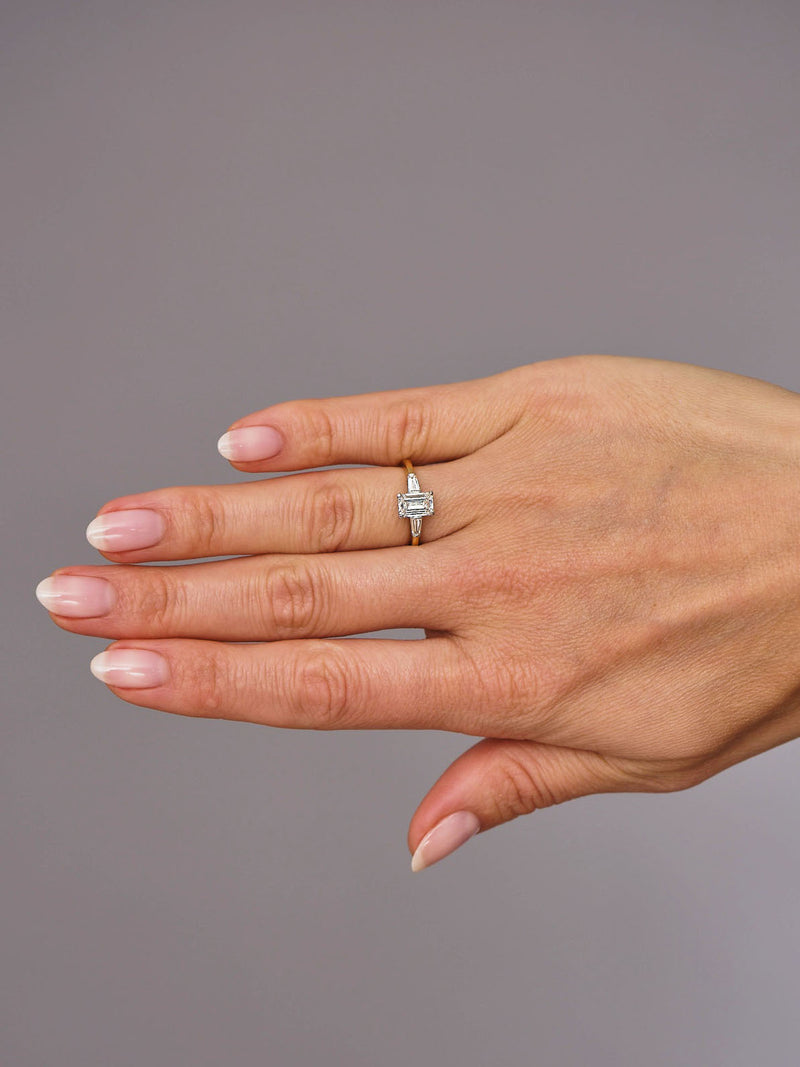1.20ct Emerald & Tapered Baguettes Trilog Diamond Engagement Rings.