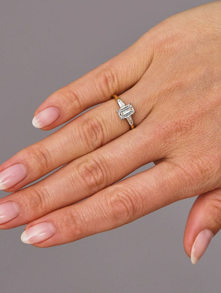 1.20ct Emerald & Tapered Baguettes Trilog Diamond Engagement Rings.