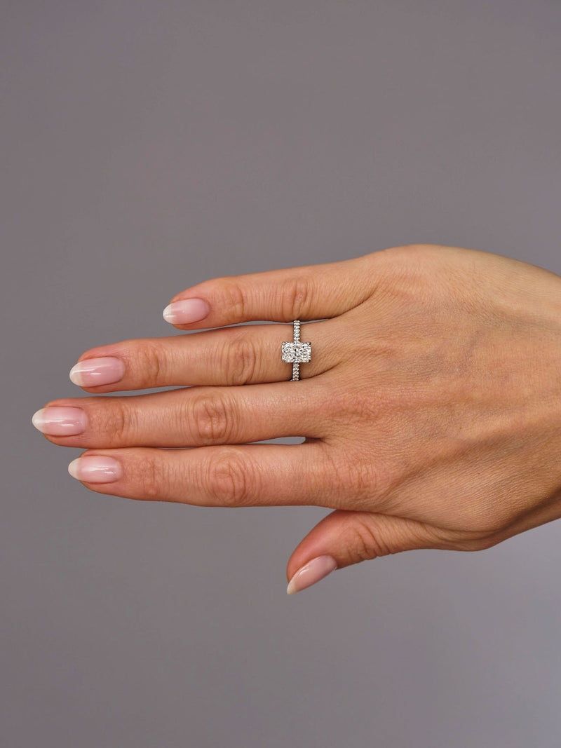 2ct Radiant Cathedral Hidden Halo lab grown Diamond Engagement Rings.