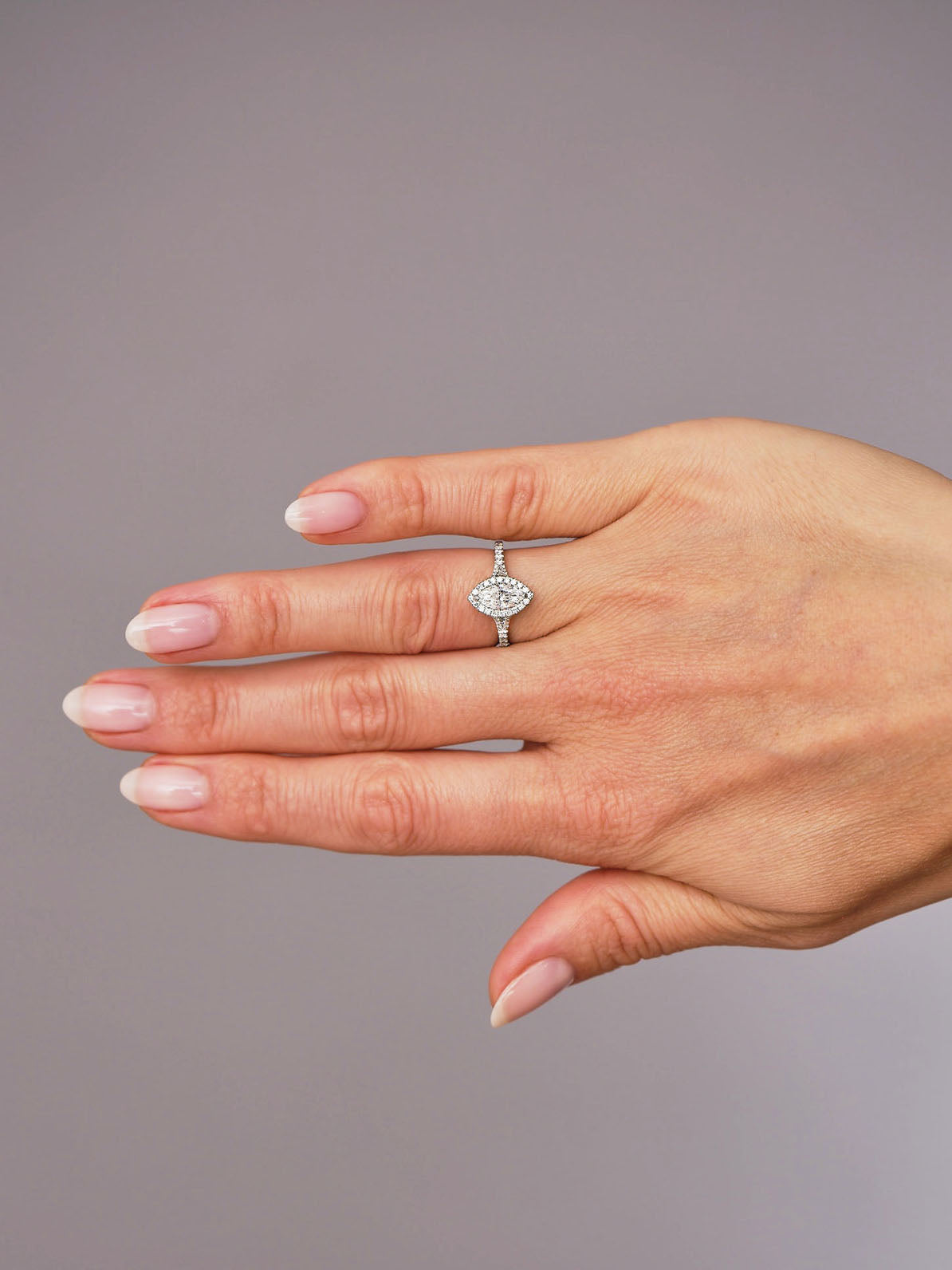 0.70ct Marquise Seamless Halo lab grown diamond engagement rings.